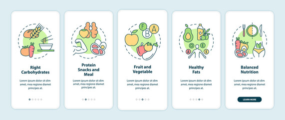 Right food for exercises onboarding mobile app screen. Diet walkthrough 5 steps graphic instructions pages with linear concepts. UI, UX, GUI template. Myriad Pro-Bold, Regular fonts used