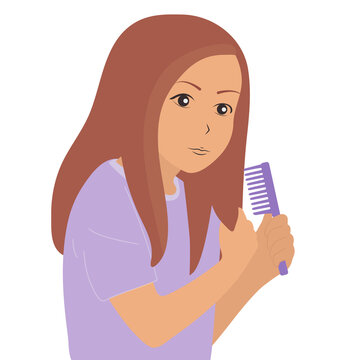 recommend clip art: The girl is combing her hair, holding a lock of brown hair in her hand. Vector, flat, white background.