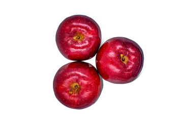 Top view Fresh red apple fruit with green leaves isolated on white