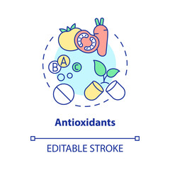Antioxidants concept icon. Keep diet for healthcare. Fitness supplements abstract idea thin line illustration. Isolated outline drawing. Editable stroke. Roboto-Medium, Myriad Pro-Bold fonts used