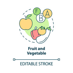 Fruit and vegetable concept icon. Organic dietary products. Fitness nutrition abstract idea thin line illustration. Isolated outline drawing. Editable stroke. Roboto-Medium, Myriad Pro-Bold fonts used