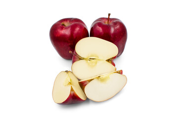 Red apples with leaf and half-section isolated on a white background