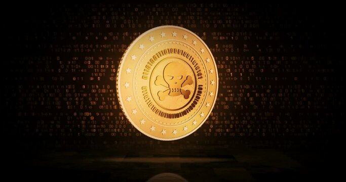 Piracy skull  haking symbol, cyber attack and crime gold coin on loopable digital background. 3D seamless loop concept. Rotating golden metal looping abstract animation.