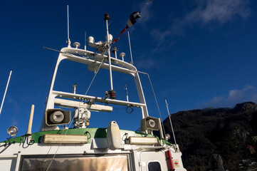 Bottom view of the equipment on the wheelhouse of the ship. A tourist boat for a cruise. © Anastasia