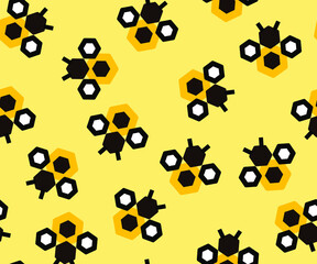 Minimalist bee seamless vector pattern on honey yellow background.