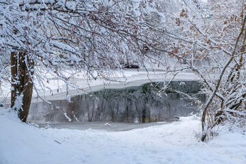 beautiful winter landscape with a view of snow-covered trees on the river bank