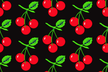 Vector seamless pattern of red shiny cherries on dark background.