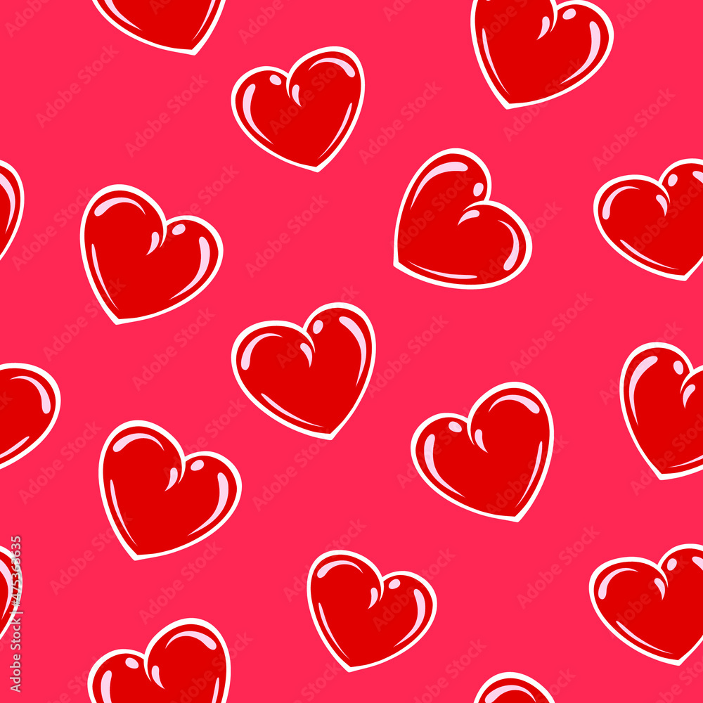 Poster red shiny hearts seamless vector pattern on red background.