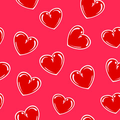 Red shiny hearts seamless vector pattern on red background.