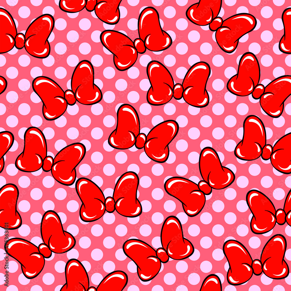 Poster red bow tie seamless vector pattern on pink background with polka dots.