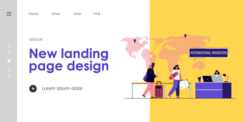 Immigrants queueing for registration. World map with destination pins, woman at counter flat vector illustration. International migration concept for banner, website design or landing web page