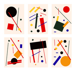 Six abstract suprematism compositions, vintage retro paintings in suprematism style - 475364463