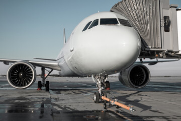 Fototapeta na wymiar Passenger jet plane with towbar at the boarding gate