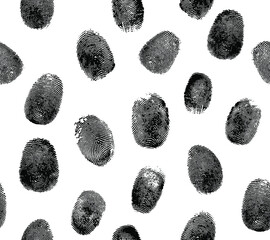 Vector seamless pattern of black ink fingerprints on white background.