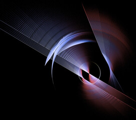 Transparent straight and curved planes are nicely arranged against a black background. Abstract fractal background. 3d rendering. 3d illustration.