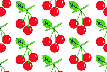 Vector seamless pattern of red shiny cherries on white background.