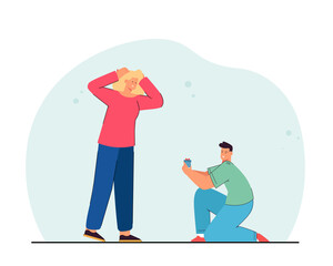 Man on one knee with gift box and confused woman. Happy boyfriend proposing to his partner flat vector illustration. Love, relationship concept for banner, website design or landing web page