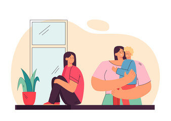 Fototapeta premium Sad daughter looking at mother holding her son. Girl jealous of her mother flat vector illustration. Family relationship, sibling rivalry concept for banner, website design or landing web page