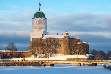 The old Vyborg Castle on a frosty February evening. Leningrad Region, Russia