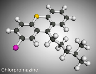 Chlorpromazine, CPZ molecule. Phenothiazine antipsychotic, used to treat nausea, vomiting, anxiety, schizophrenia, bipolar disorder. Molecular model. 3D rendering