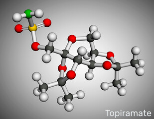 Obraz premium Topiramate molecule. It is sulfamate-substituted monosaccharide, anticonvulsant, antiseizure drug used in the control of epilepsy. Molecular model. 3D rendering
