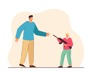 Furious man pointing finger at son holding gun. Parent angry with disobedient child flat vector illustration. Parenthood, family relationship concept for banner, website design or landing web page