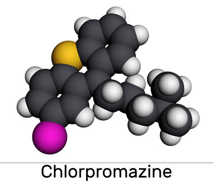 Chlorpromazine, CPZ molecule. Phenothiazine antipsychotic, used to treat nausea, vomiting, anxiety, schizophrenia, bipolar disorder. Molecular model. 3D rendering