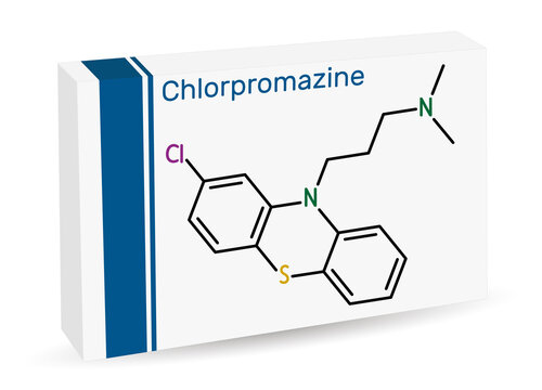 Chlorpromazine, CPZ molecule. Phenothiazine antipsychotic, used to treat nausea, vomiting, anxiety, schizophrenia, bipolar disorder. Skeletal chemical formula. Paper packaging for drugs