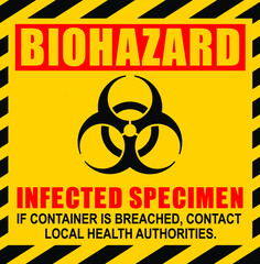 Biohazard illustration label. Infected Specimen, yellow, black and yellow danger vector sign.