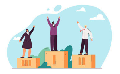 Cheerful business people standing on pedestal. Happy businessman or winner in first place flat vector illustration. Competition, victory, success concept for banner, website design or landing web page