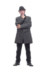 Obraz premium intelligent man in a hat and autumn coat. isolated on a white background.