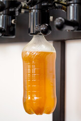 New modern beer taps with plastic bottles on bar counter in pub