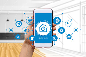 Hand of woman or man holding smartphone in house with icons in modern life internet of things,...