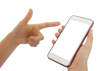 Woman or man hand holds smartphone with white screen on white background. blank screen to put it on your own webpage or message