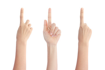 Set of different hands touching or pointing to something on white background