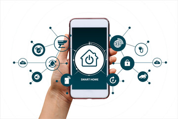 Hand of woman holding smartphone in house with icons, lifestyle of person in modern life internet of things, smart home technology. concept of automation. the new innovation of the future