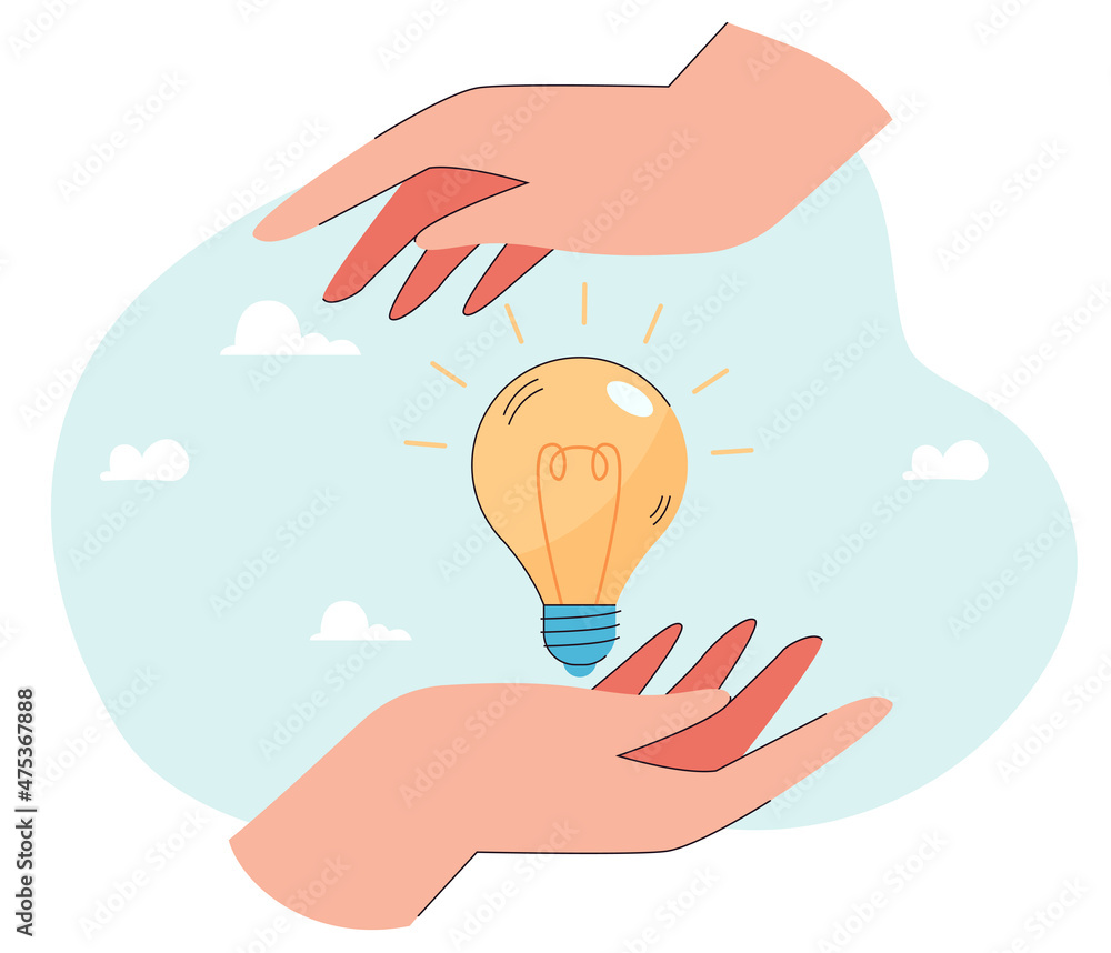 Poster lightbulb between huge hands as symbol of new idea. innovative invention flat vector illustration. i