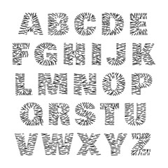 Tiger alphabet of bold letters made of black stripes