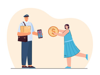 Girl paying with gold coin to postman for smartphone. Courier delivering phone flat vector illustration. Postal or delivery service, shopping concept for banner, website design or landing web page