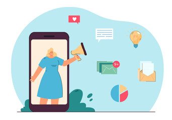 Social media icons and woman on phone screen holding megaphone. Businesswoman making announcement flat vector illustration. Marketing, promotion, communication concept for banner or landing web page