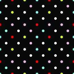 Seamless colorful vector polka dots on black background.