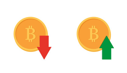 Bitcoin icon - up or down. Bitcoin up symbol. Vector graphics in flat style