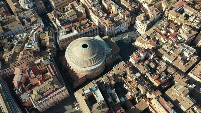 Aerial drone video of iconic Pantheon basilica built as a temple to all the gods of ancient Rome, and rebuilt by the emperor Hadrian about 126 AD, Rome, Italy