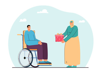 Islamic woman giving present to male person in wheelchair. Man with physical disability receiving gift flat vector illustration. Ramadan, support, disability concept for banner or landing web page
