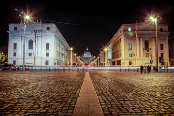 Reconciliation Street in Rome. View of St. Peter's Cathedral, Vatican City. Night photo. Selective focus.