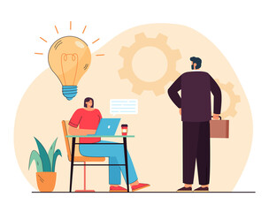 Fototapeta na wymiar Boss standing in front of employee who working. Worker sharing idea with chief flat vector illustration. Workplace, business communication concept for banner, website design or landing web page