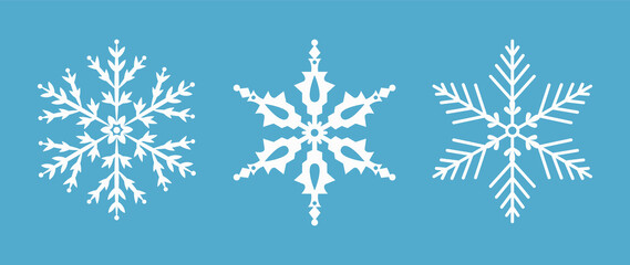 Set of white snowflakes icons isolated on blue background. Vector illustration of snowflake silhouette. Christmas crystal elements for decorations, invitations, scrapbooking, web, cards.