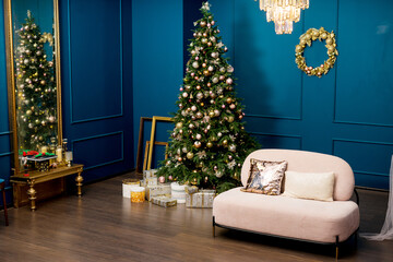Big Christmas tree with Silver, white, blue balls. New Year and Christmas attribute for greeting...