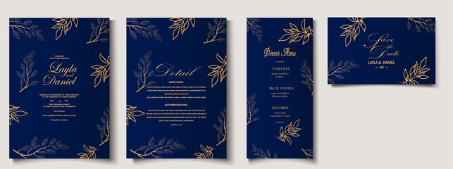 Obraz na płótnie Canvas Wedding Invitation, floral invite thank you, rsvp modern card Design in copper peony with navy blue and tropical palm leaf greenery eucalyptus branches decorative Vector elegant rustic template 