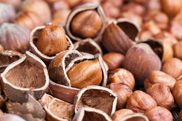 split hazelnuts on the table